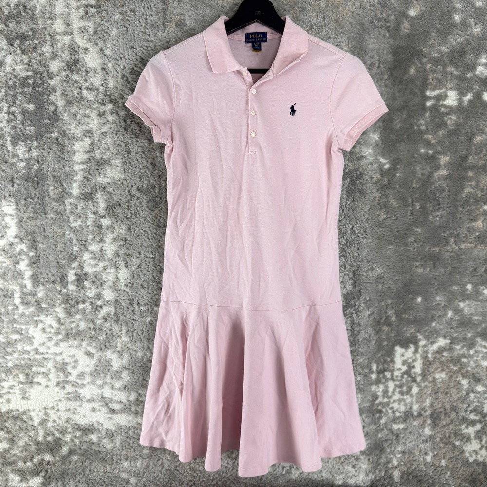 Polo Ralph Lauren Size 16 Pique Knit Logo Ruffle Hem Polo Dress Pink Girls
